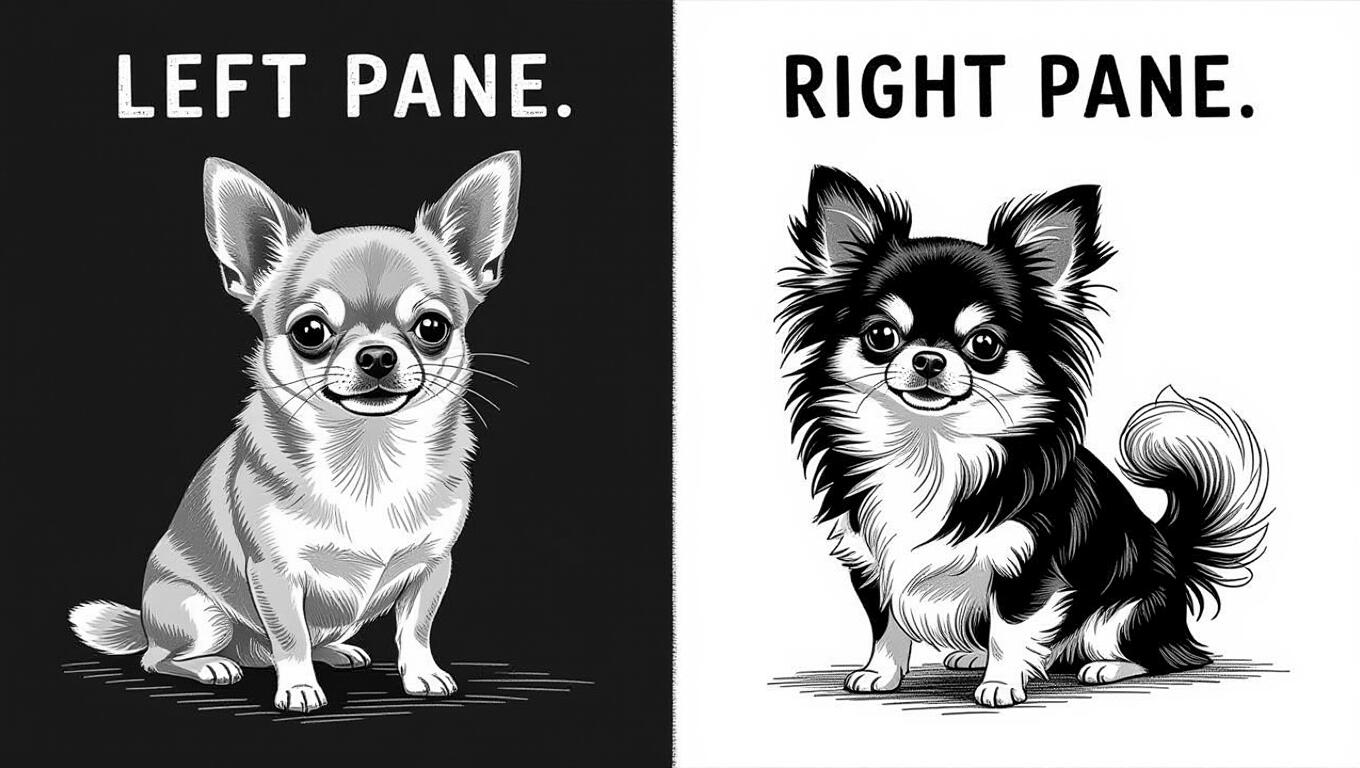 Two pane image. On the left pane, a solid tan short hair Chihuahua with the text "left pane" above it. Dark contrasting background. On the right pane, a long hair Chihuahua with darker fur and the text "right pane" above it. Light contrasting background.